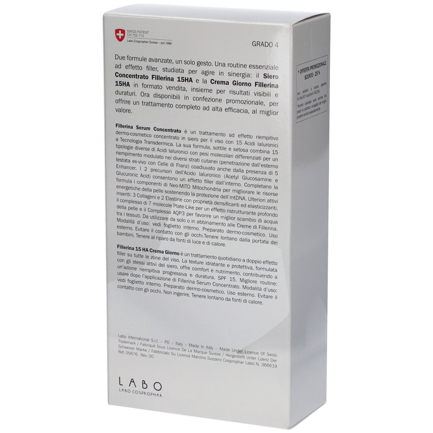 Retro della scatola bianca. Testo in italiano. Nome prodotto: Fillerina 15HA. Logo: Labo Cosprophar Suisse.