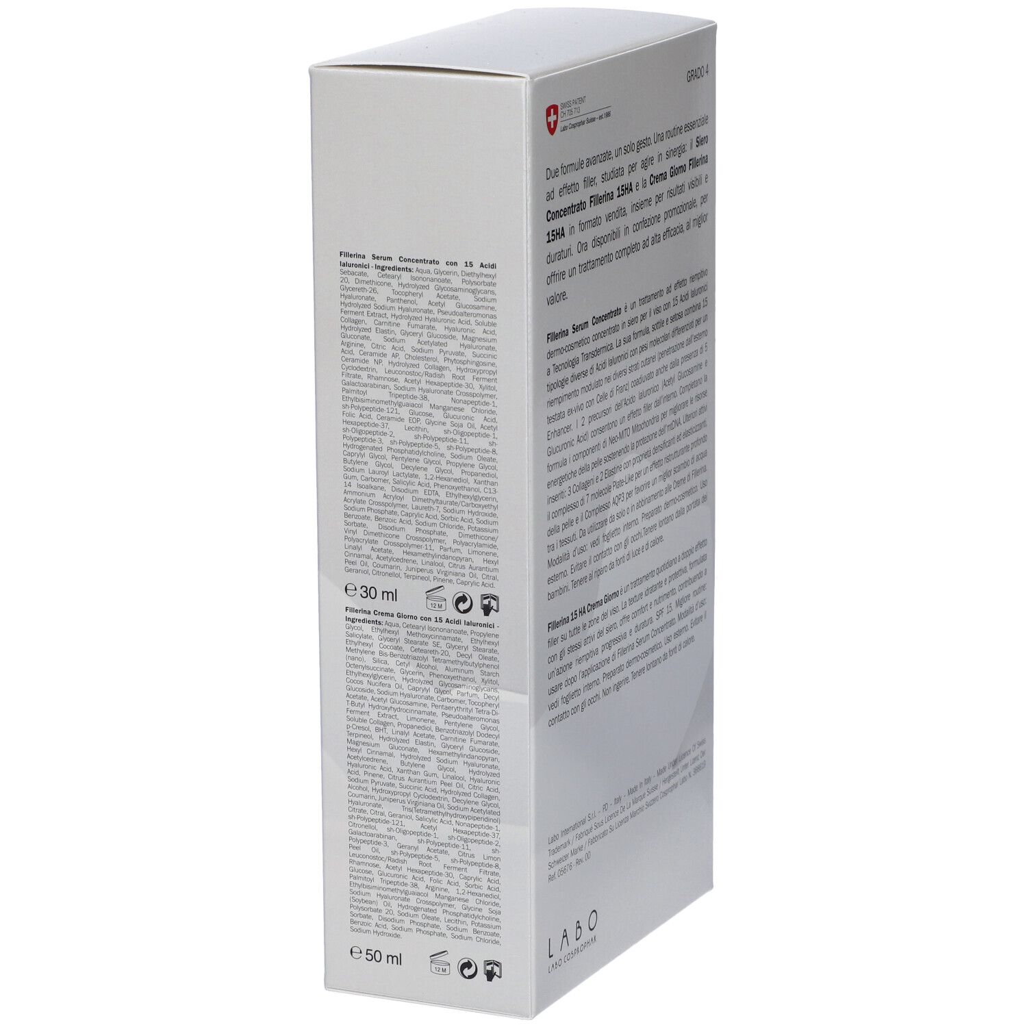 Vista laterale della scatola bianca. Testo in italiano. Nome prodotto: Fillerina 15HA. Logo: Labo Cosprophar Suisse.