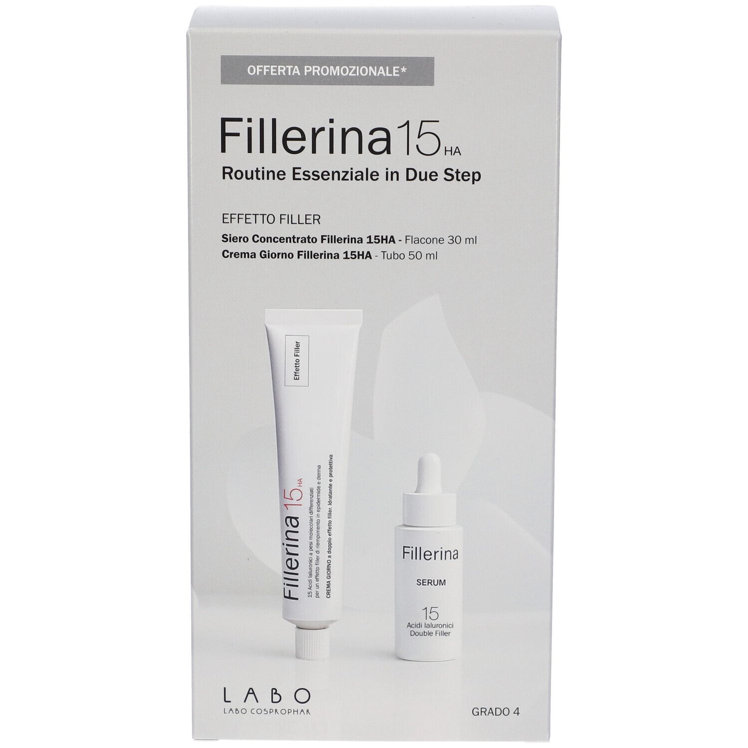 Scatola bianca con immagini prodotto. Contiene tubo e flacone. Scritta: Fillerina 15HA, Routine Essenziale.