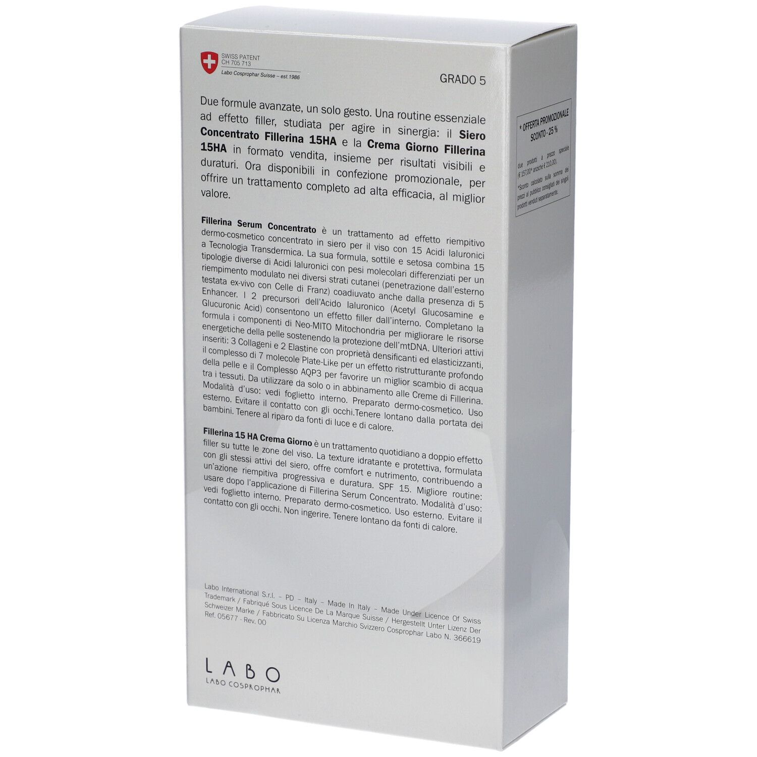 Retro della confezione. Testo: Fillerina, ingredienti, Labo, Grado 5.