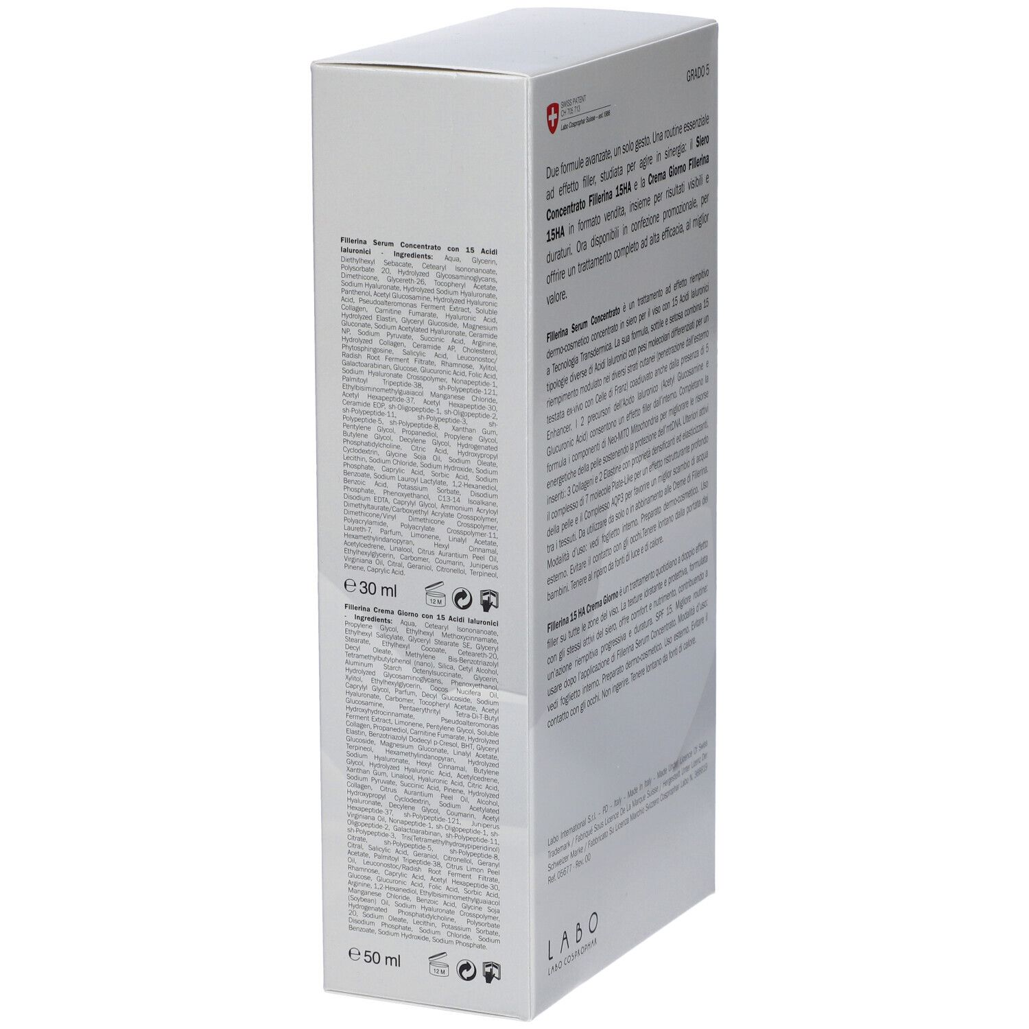 Lato della confezione con testo. Testo: Fillerina, ingredienti, Labo, 30 ml, 50 ml.