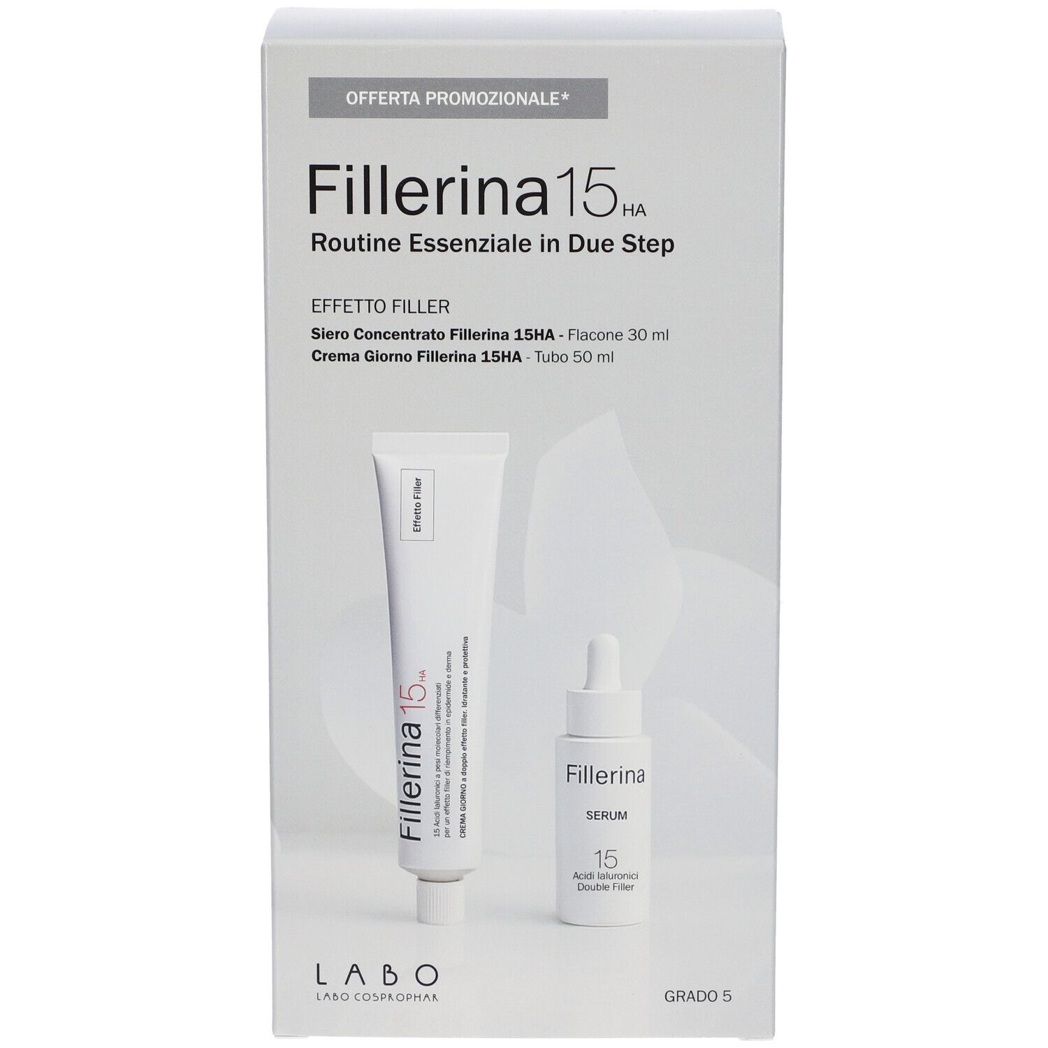 Confezione con due prodotti. Contiene un tubo e un flacone. Testo: Fillerina 15HA, Labo.