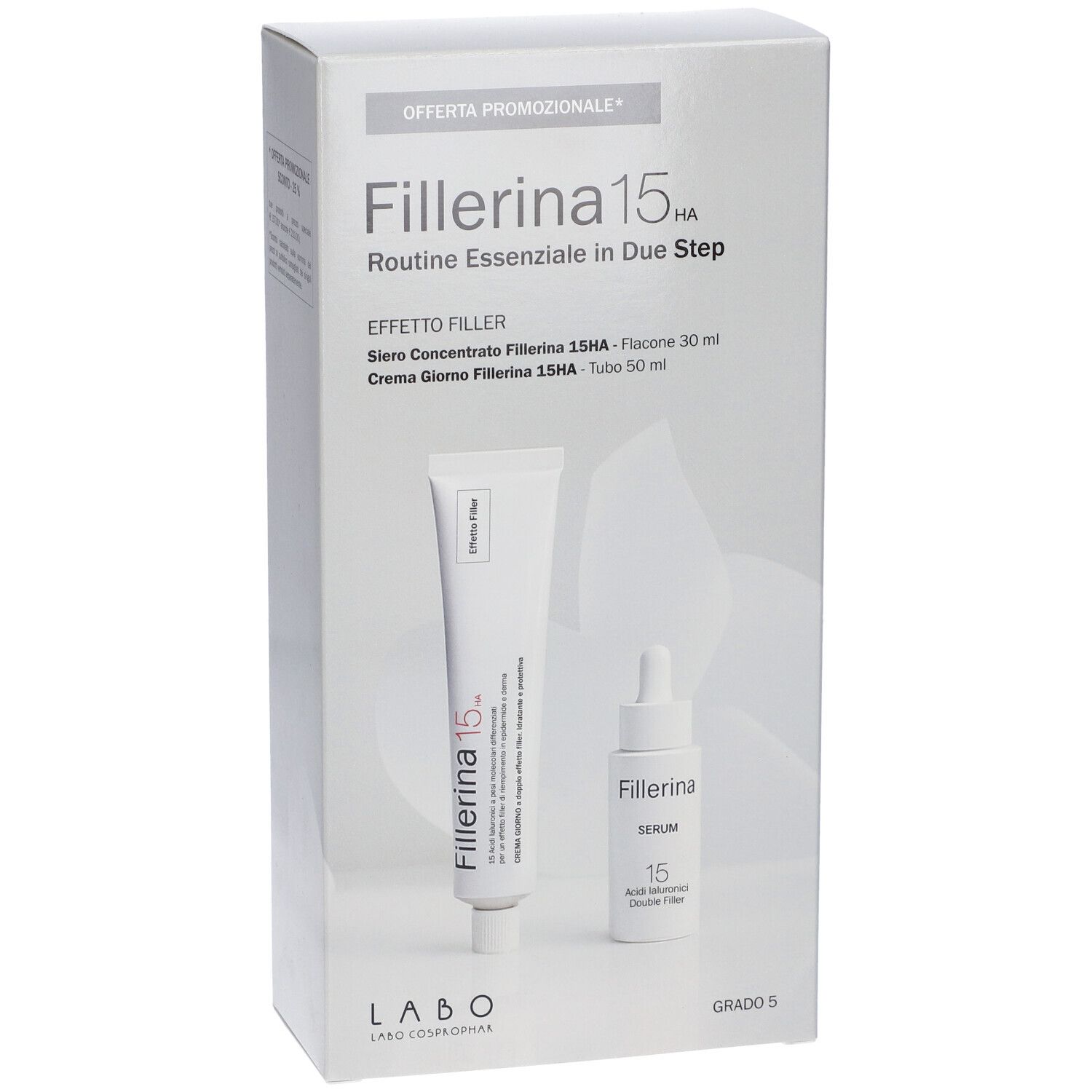 Confezione con due prodotti. Contiene un tubo e un flacone. Testo: Fillerina 15HA, Labo.