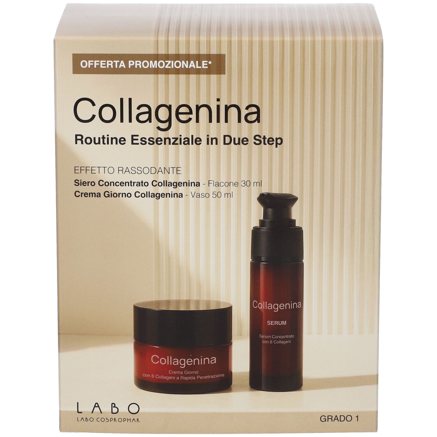 Set regalo con siero e crema. Flaconi marroni con testo rosso. Confezione con nome prodotto e logo.