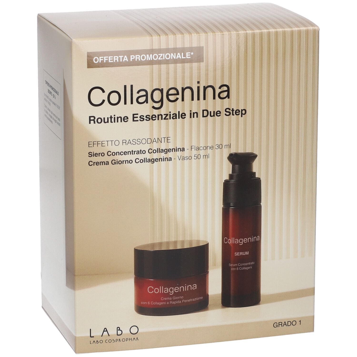 Set regalo con siero e crema. Flaconi marroni con testo rosso. Confezione con nome prodotto e logo.