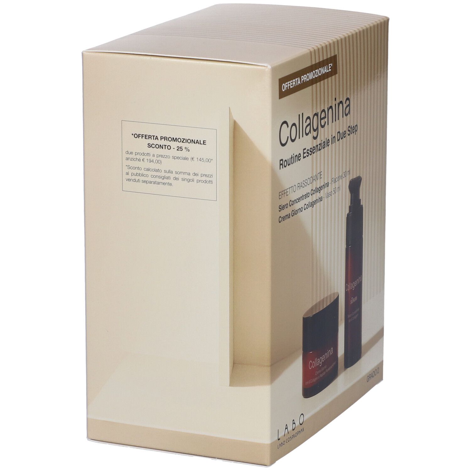 Scatola regalo color crema. Scritta: Collagenina. Contiene siero e crema. Nota sconto sul lato.
