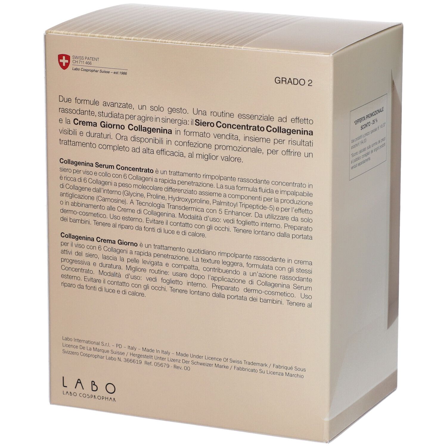 Retro della confezione regalo. Testo in italiano. Informazioni sui prodotti Collagenina Siero e Crema.