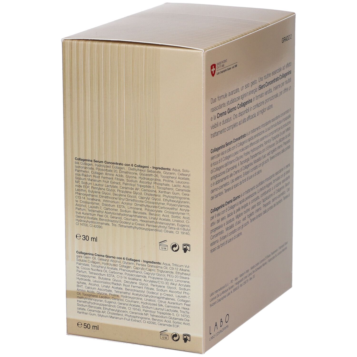 Retro della confezione regalo. Testo in italiano. Informazioni sui prodotti Collagenina Siero e Crema.