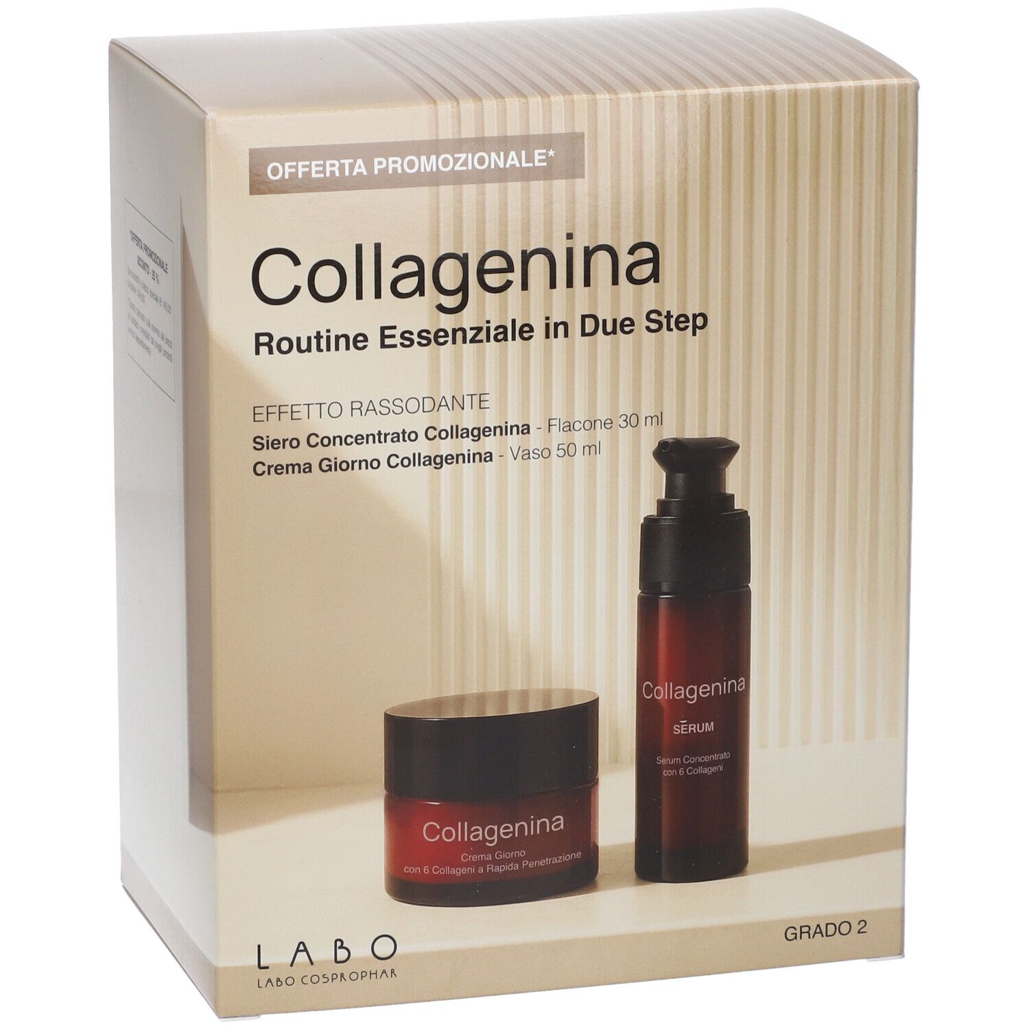 Confezione regalo Collagenina con siero e crema. Flacone e vasetto marroni. Scritta: Routine Essenziale in Due Step.