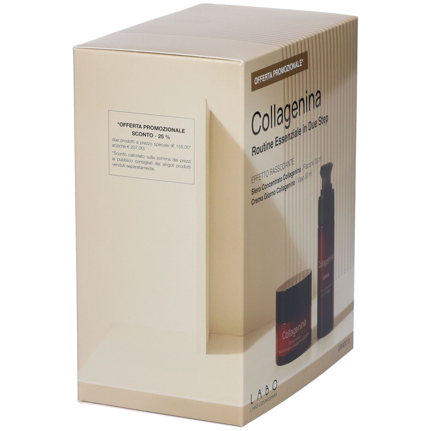Scatola beige con testo: Collagenina. Contiene informazioni sullo sconto. Angolo della scatola visibile.
