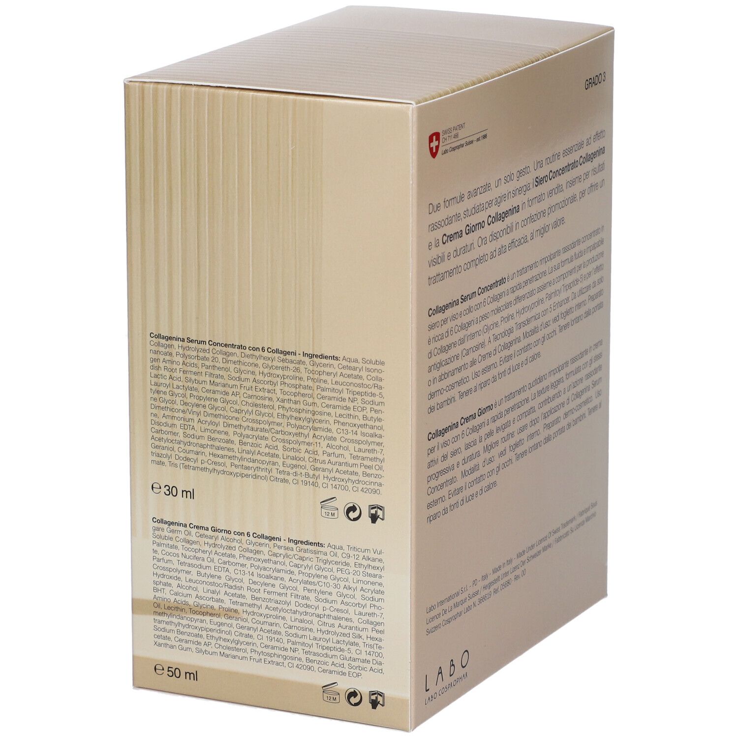 Retro della scatola con testo. Contiene informazioni sugli ingredienti e l'uso. E 30 ml e E 50 ml.