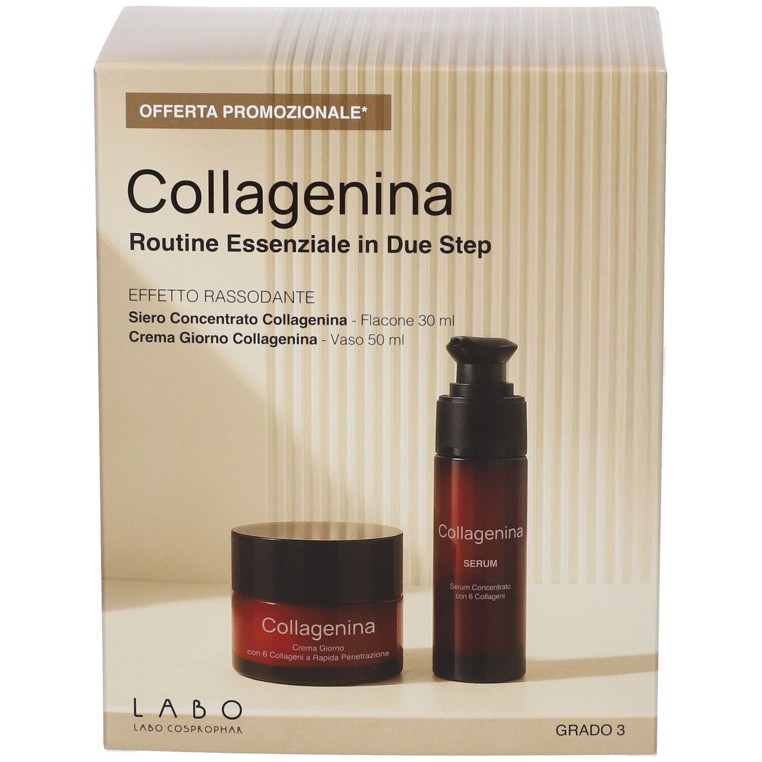 Confezione regalo con crema e siero. Scritta: Collagenina Routine Essenziale in Due Step. Grado 3.