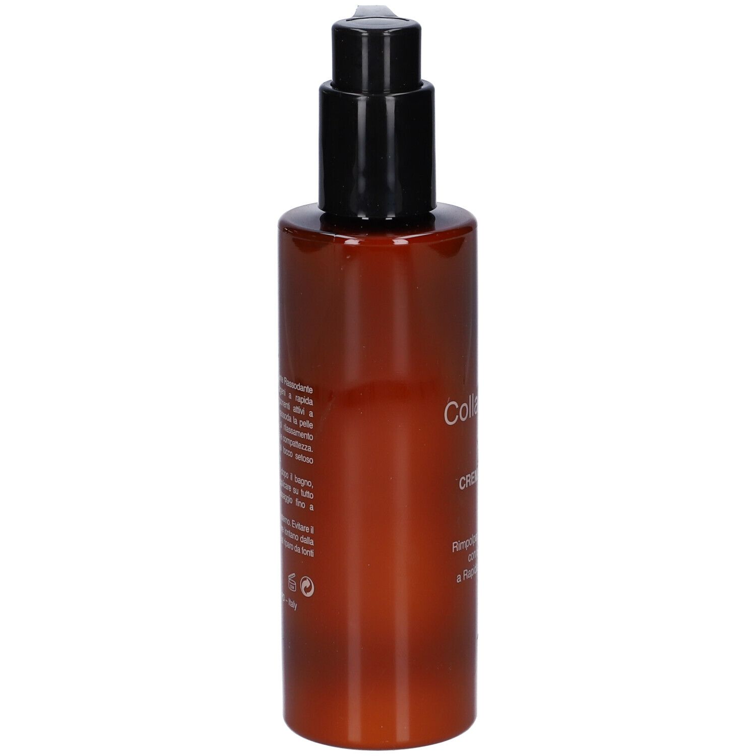 Flacone marrone con dosatore nero. Testo in italiano.
