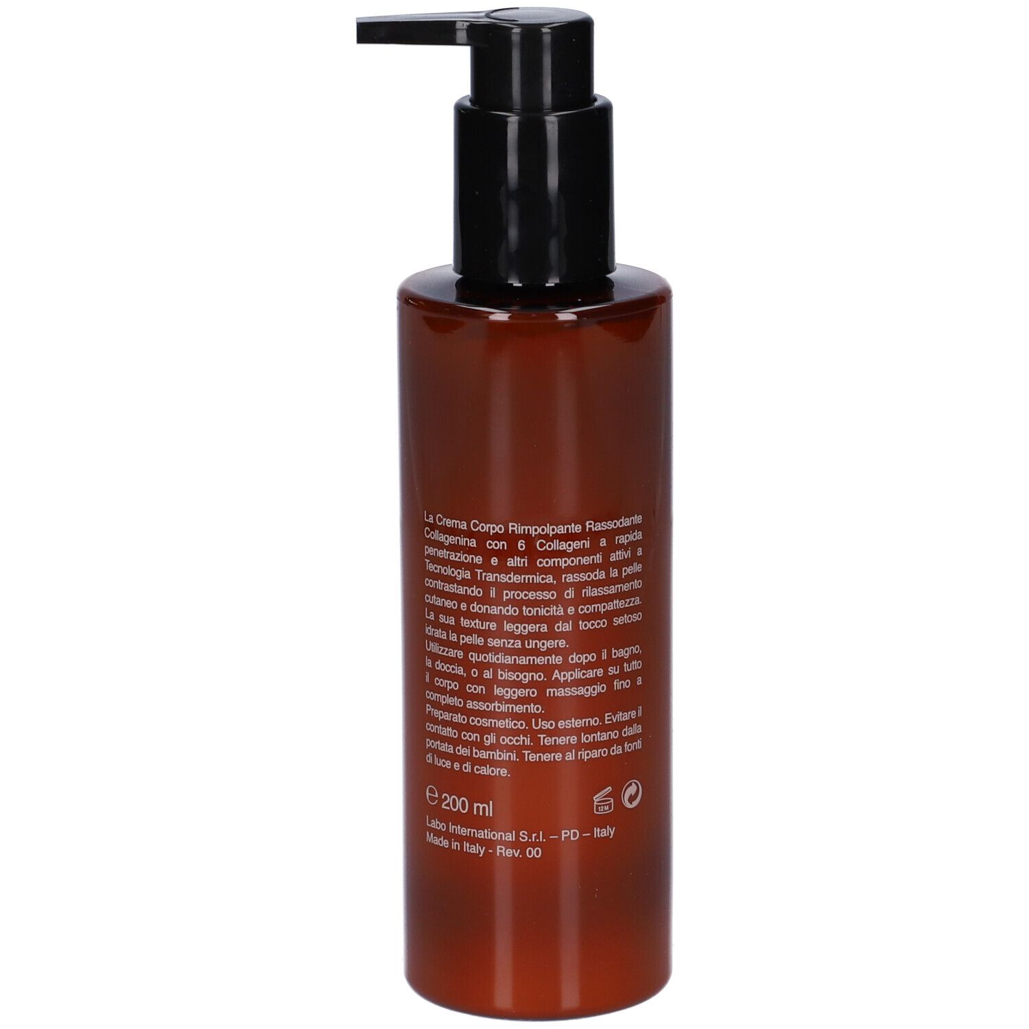 Flacone marrone con dosatore nero. Testo in italiano, 200 ml.