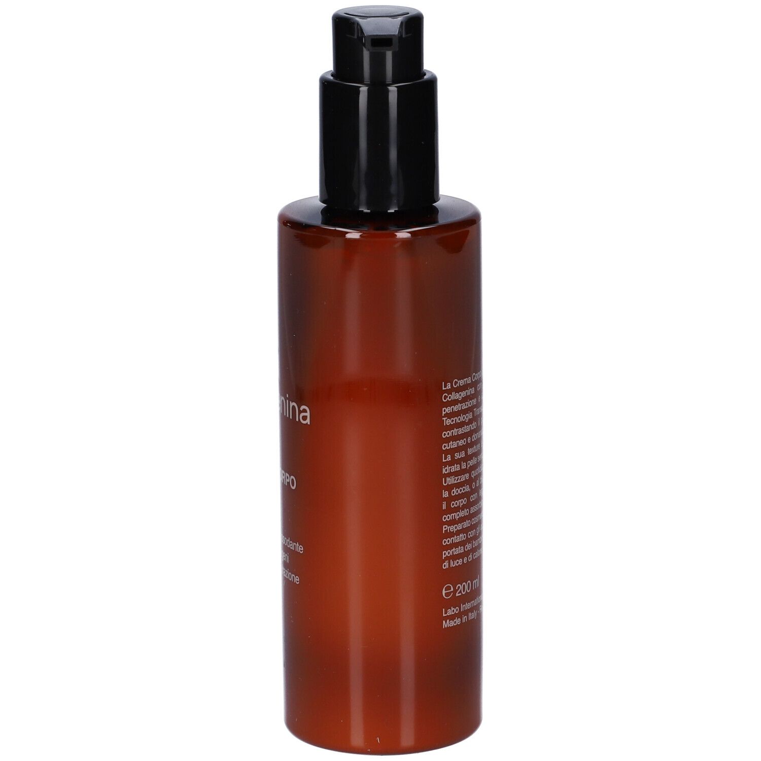 Flacone marrone con dosatore nero. Testo in italiano, 200 ml.