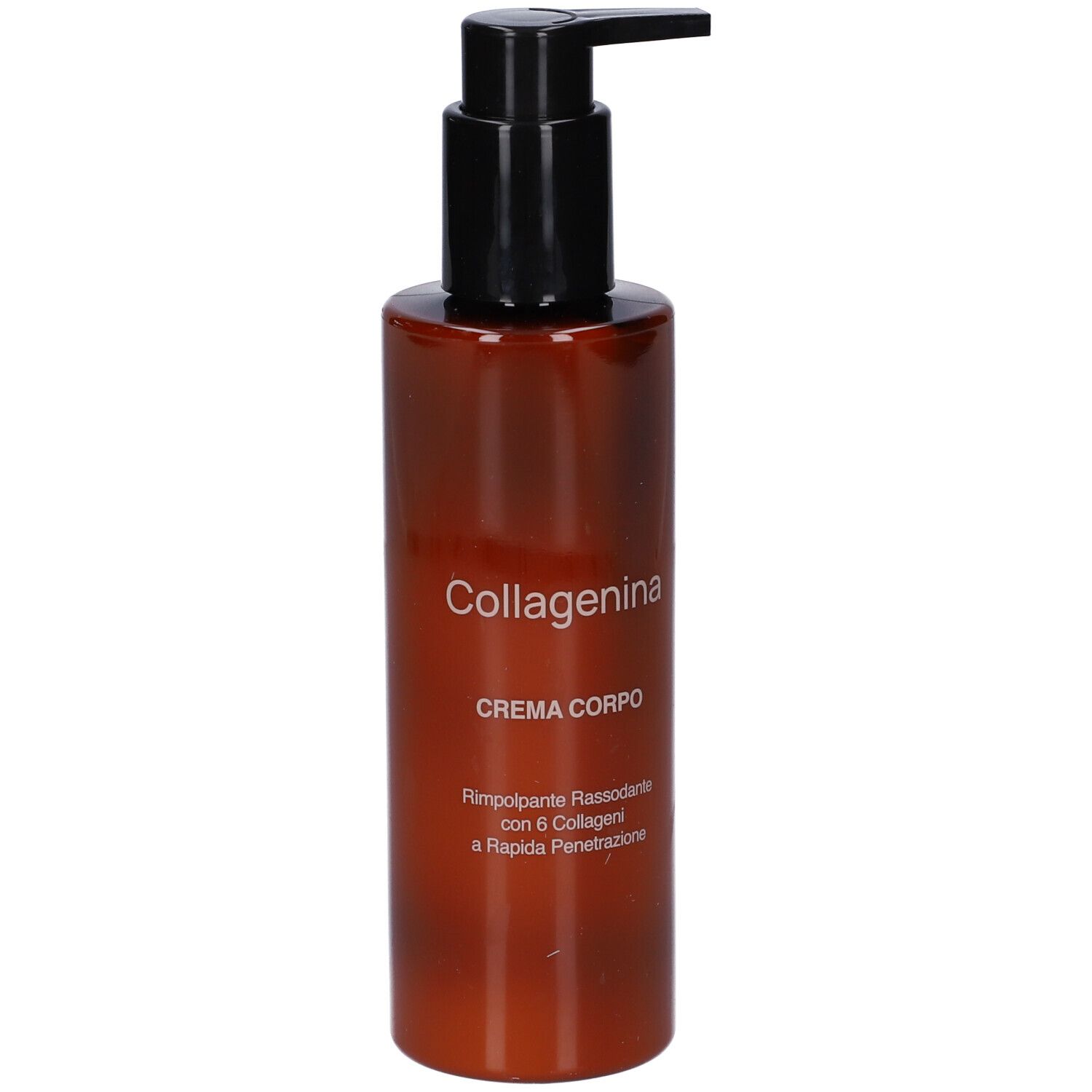 Flacone marrone con dosatore nero. Scritta: Collagenina Crema Corpo.