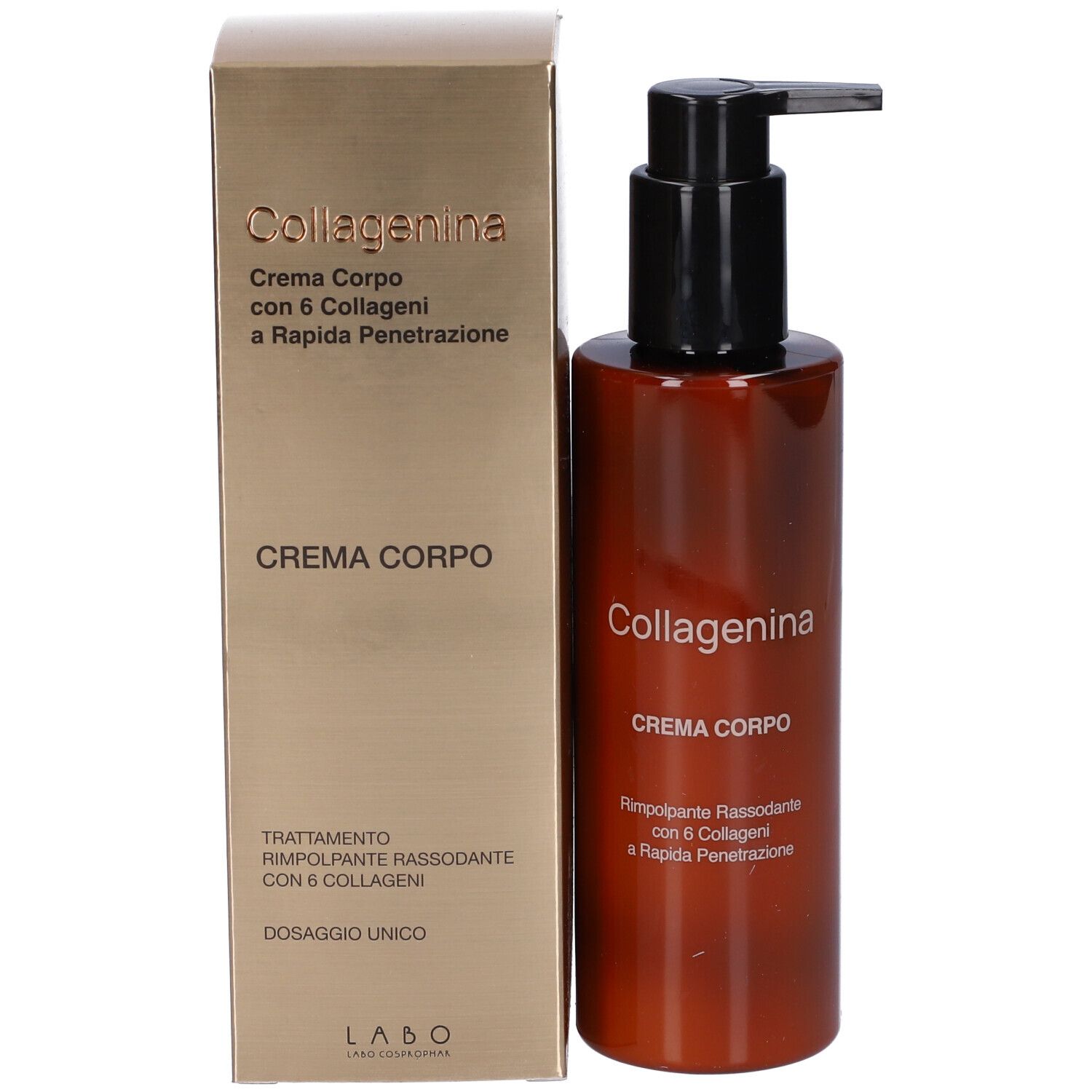Confezione e flacone. Scritta: Collagenina Crema Corpo.