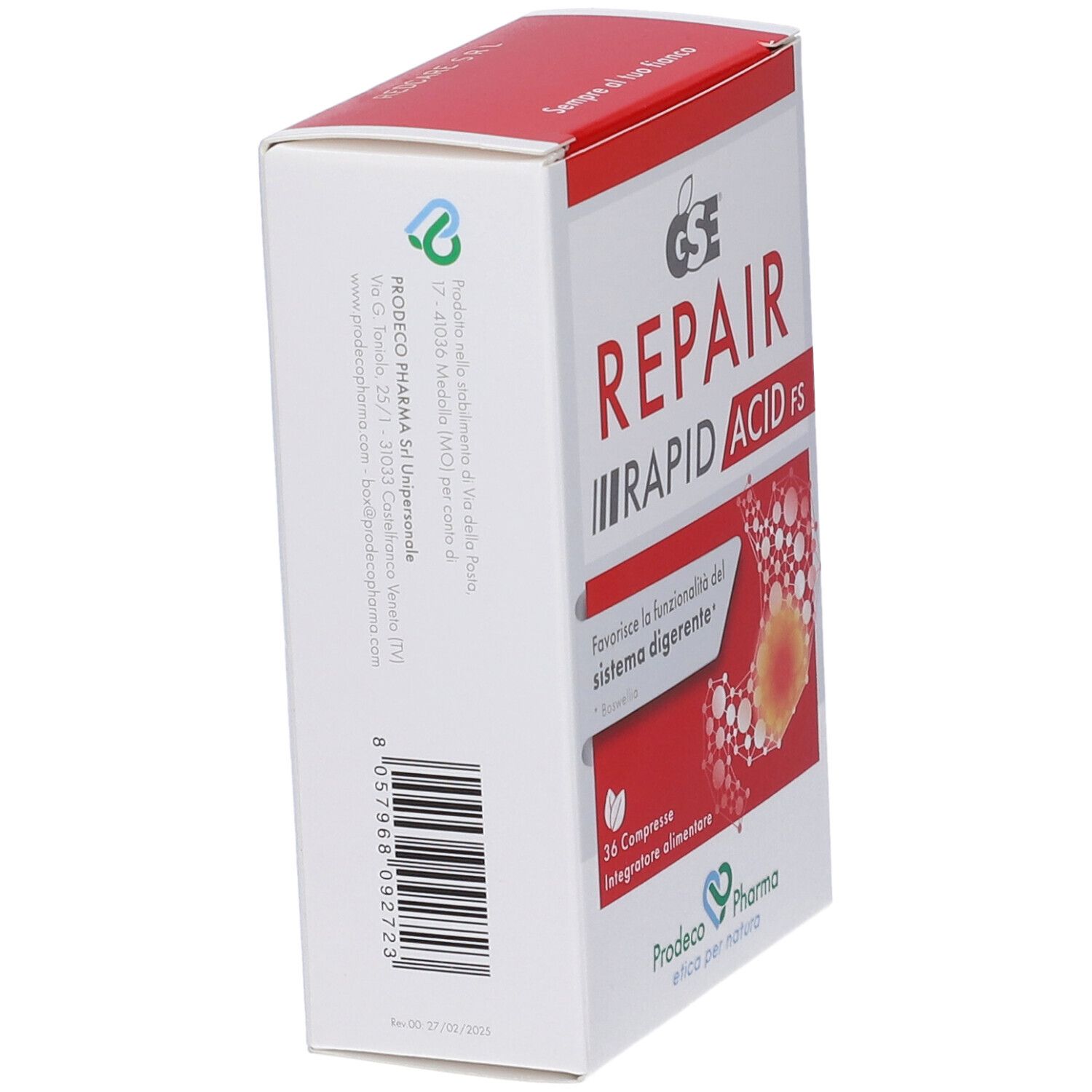 Scatola GSE Repair Rapid Acid FS, bianca e rossa. Vista laterale con nome e logo del prodotto. 36 compresse.