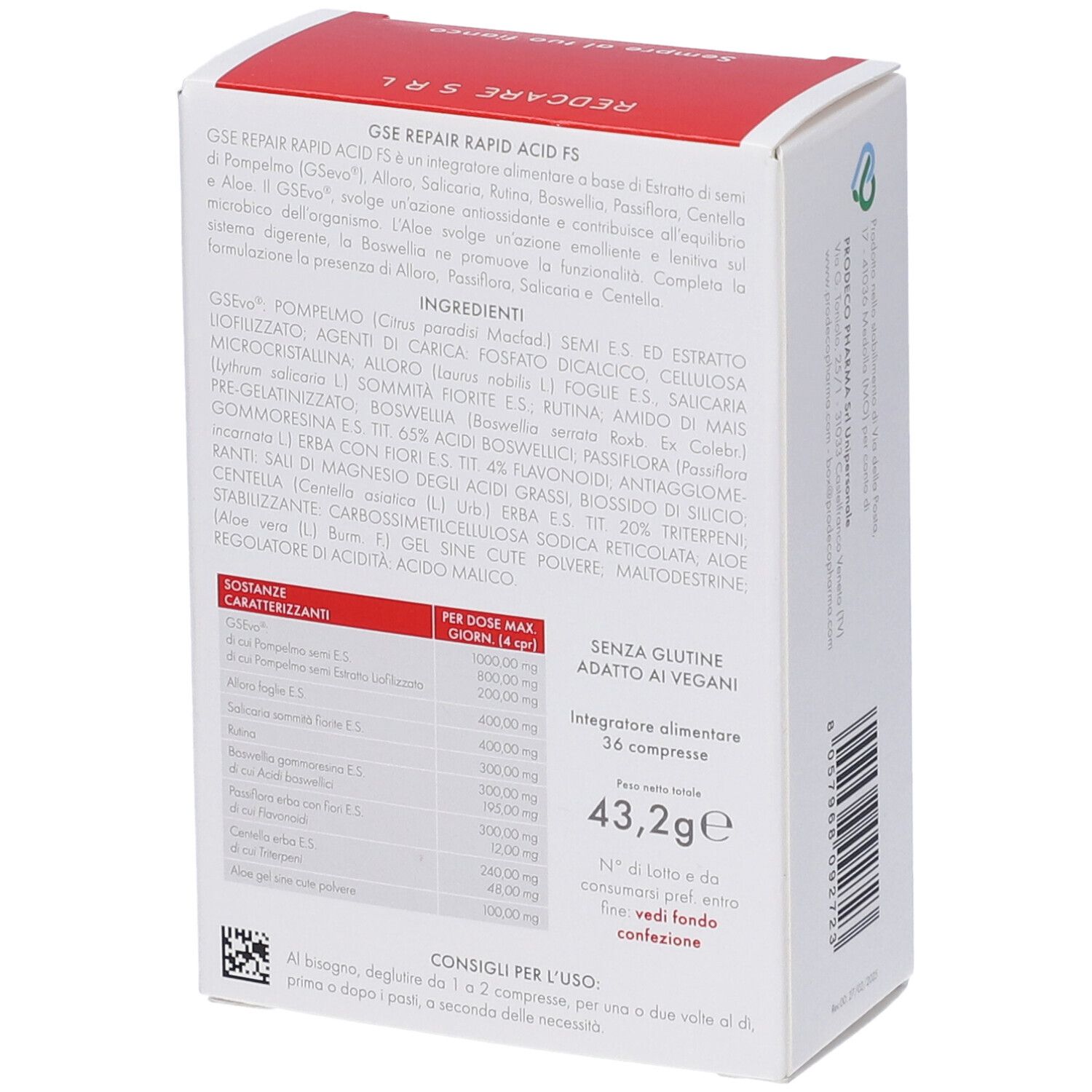 Retro della scatola GSE Repair Rapid Acid FS. Contiene ingredienti, informazioni nutrizionali e informazioni produttore.