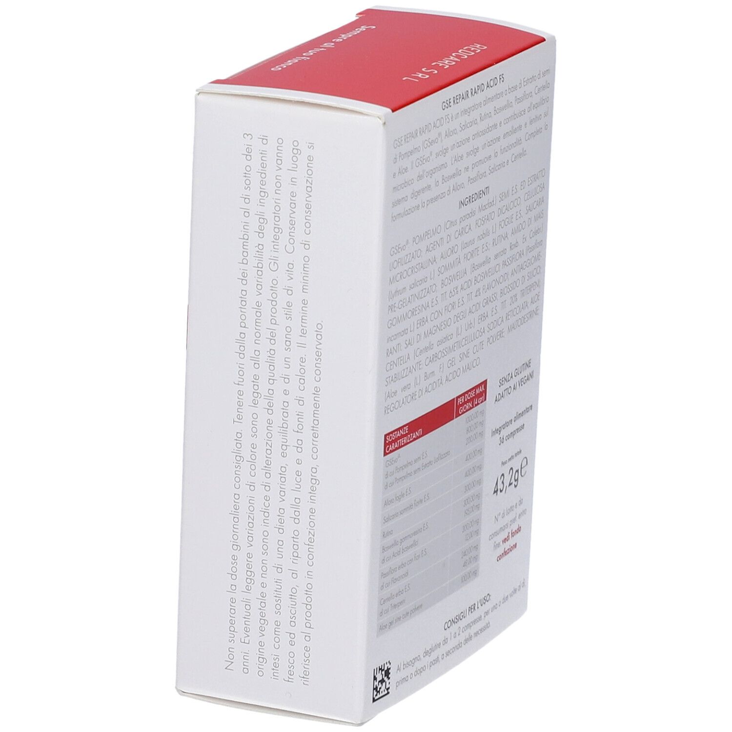 Vista laterale della scatola GSE Repair Rapid Acid FS. Testo con istruzioni per l'uso e ingredienti.