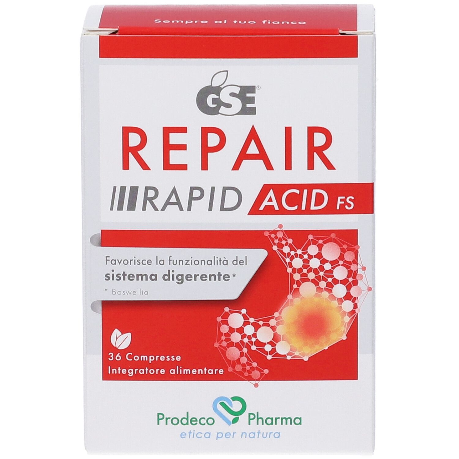 Scatola bianca e rossa con GSE Repair Rapid Acid FS. Contiene 36 compresse. Nome e logo del prodotto visibili.