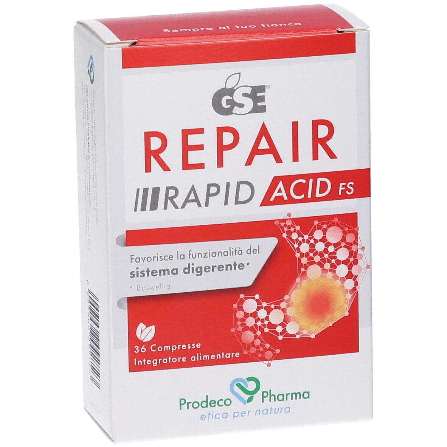 Scatola bianca e rossa con GSE Repair Rapid Acid FS. Contiene 36 compresse. Nome e logo del prodotto visibili.