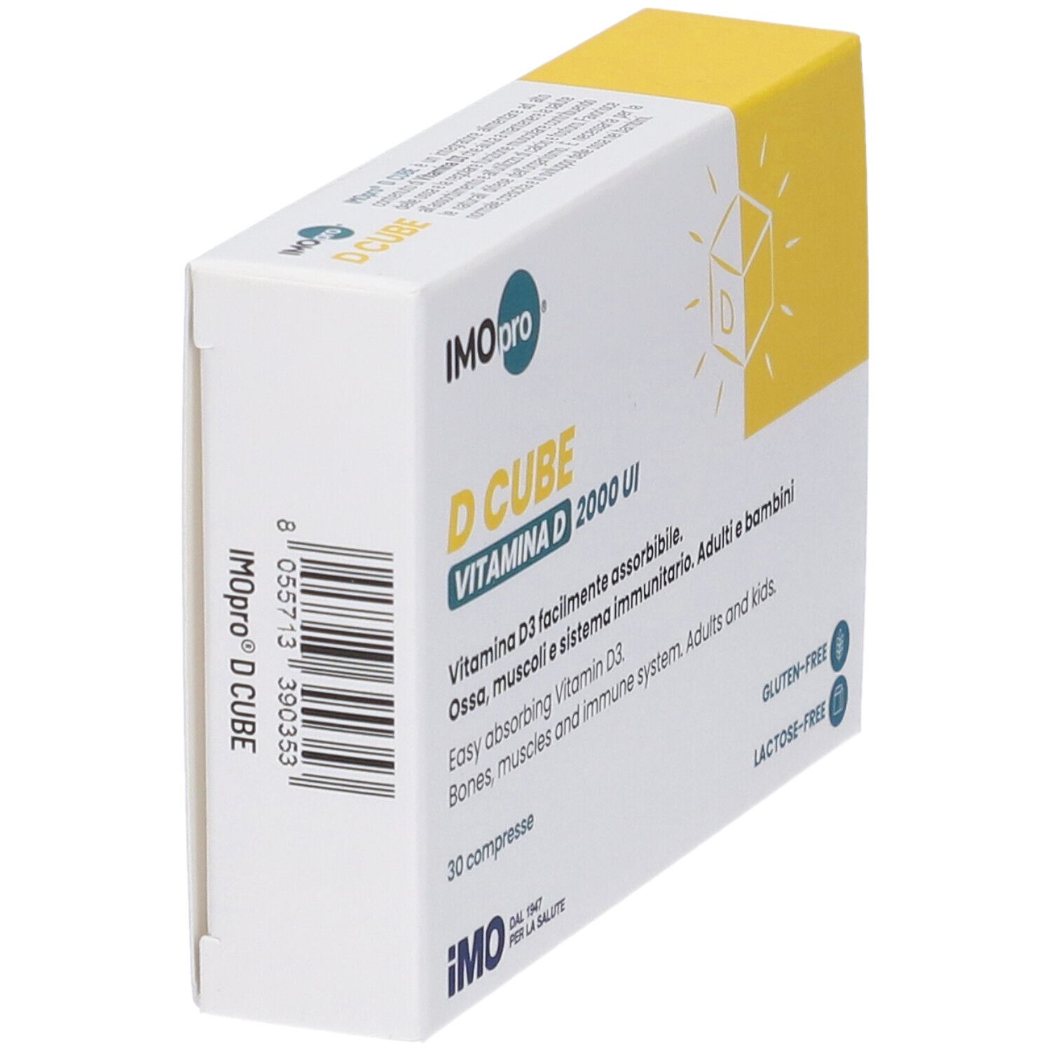 Scatola, vista laterale. Scritto: D CUBE. Codice a barre. Senza glutine e lattosio. 30 compresse.