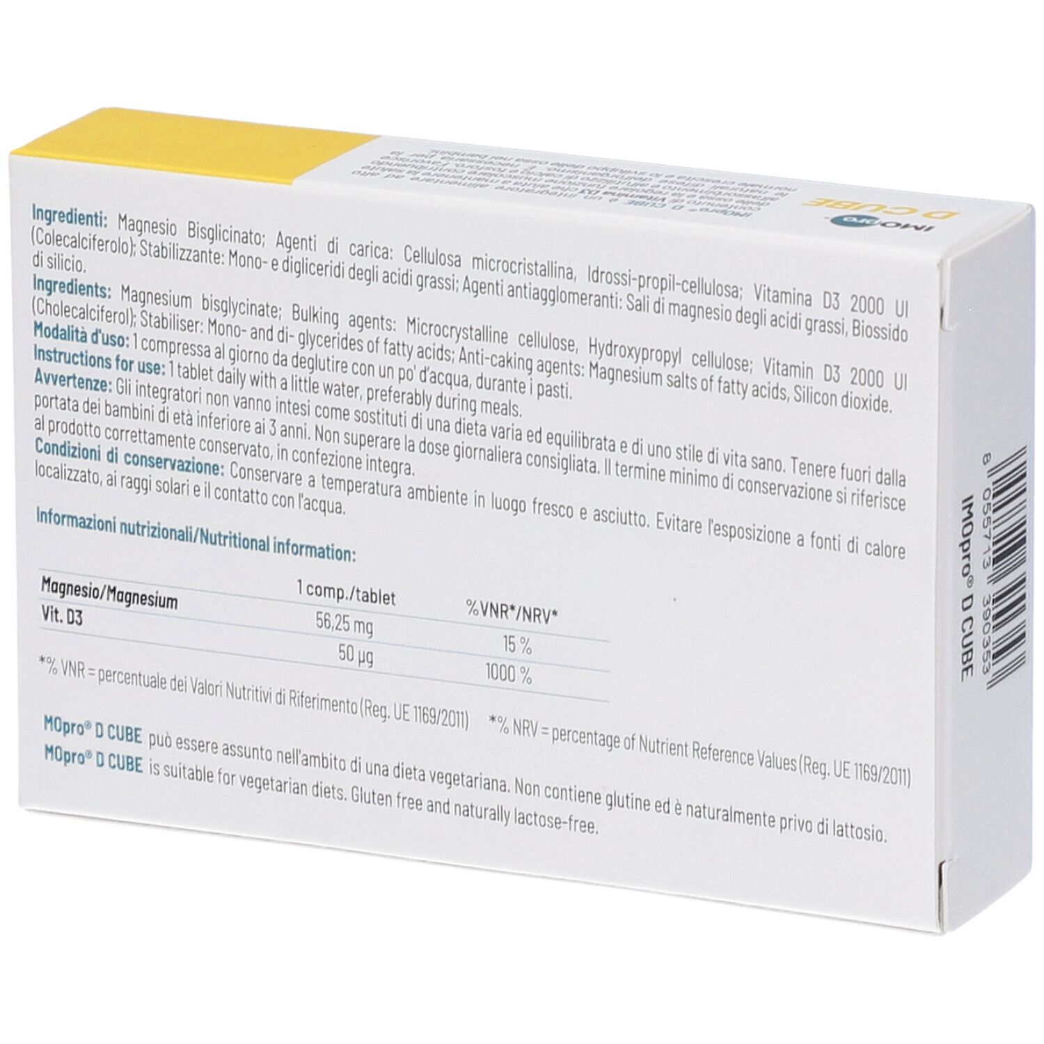 Retro della scatola. Elenco ingredienti, informazioni nutrizionali. Scritto: Moporo D CUBE. Senza glutine e lattosio.