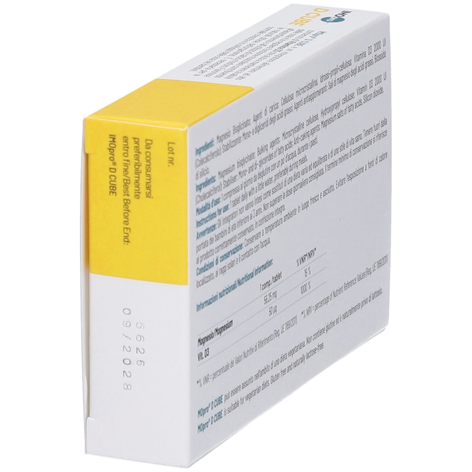 Scatola, vista laterale. Scritto: Moporo D CUBE. Data di scadenza. Senza glutine e lattosio.