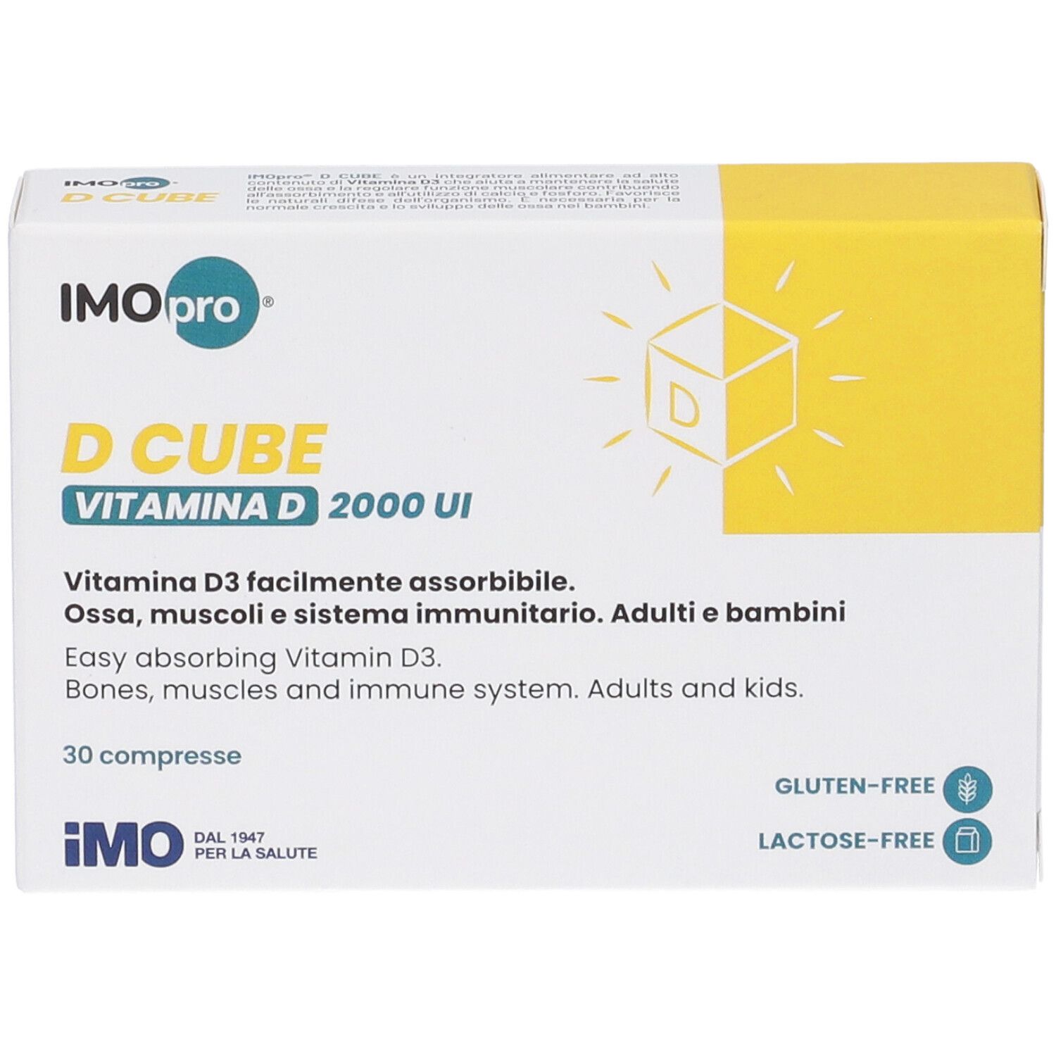 Scatola con accento giallo. Scritto: D CUBE, Vitamina D 2000 UI. 30 compresse. Senza glutine e lattosio.