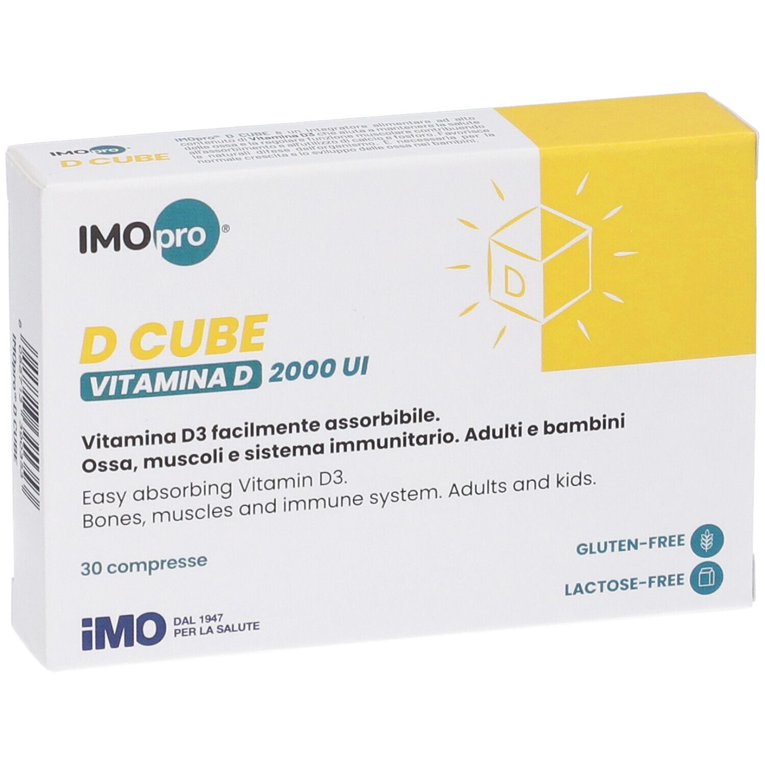Scatola con accento giallo. Scritto: D CUBE, Vitamina D 2000 UI. 30 compresse. Senza glutine e lattosio.