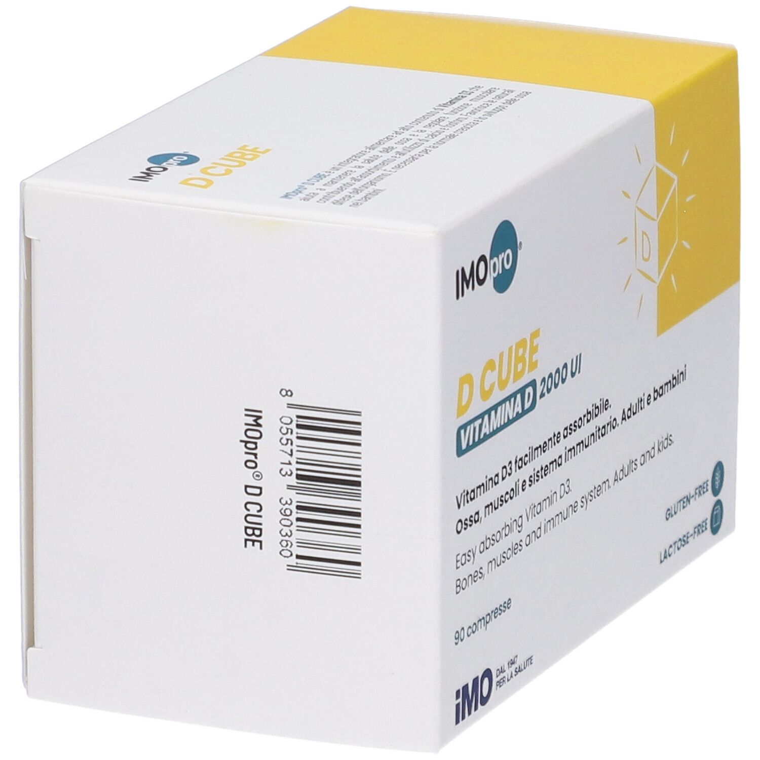 Scatola "IMO pro D CUBE". Codice a barre e informazioni sul lato. Confezione giallo-bianca.