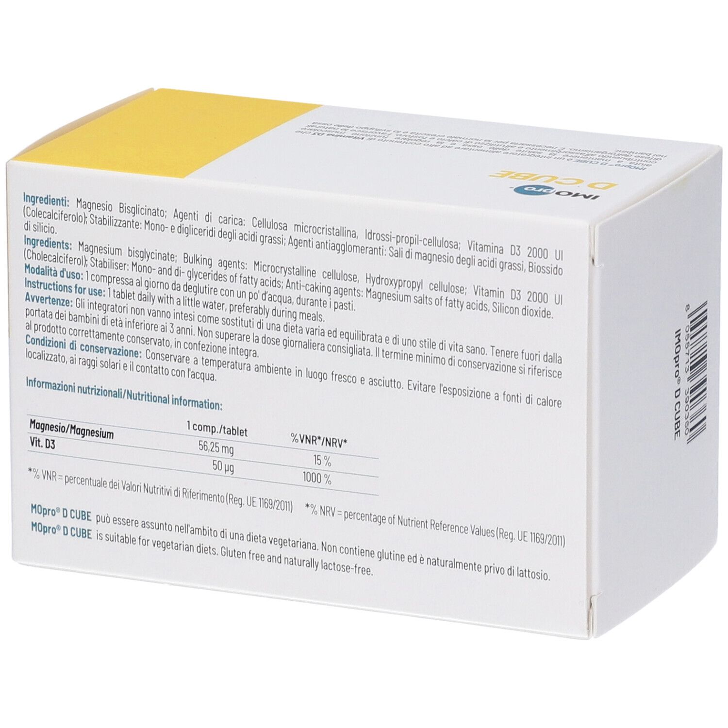 Retro della scatola "IMO pro D CUBE". Contiene ingredienti e informazioni nutrizionali. Confezione giallo-bianca.