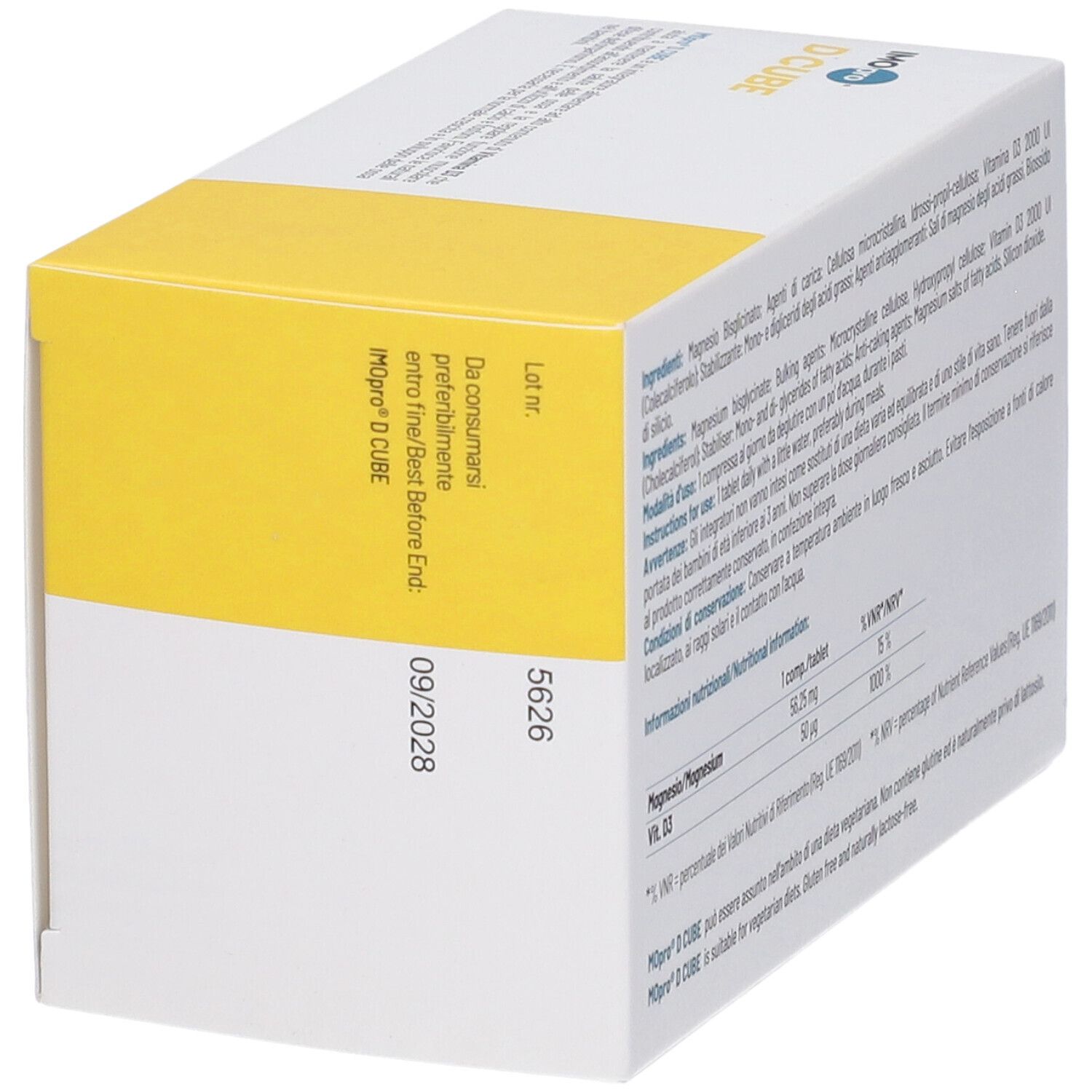Lato della scatola "IMO pro D CUBE". Contiene la data di scadenza e il numero di lotto. Confezione giallo-bianca.