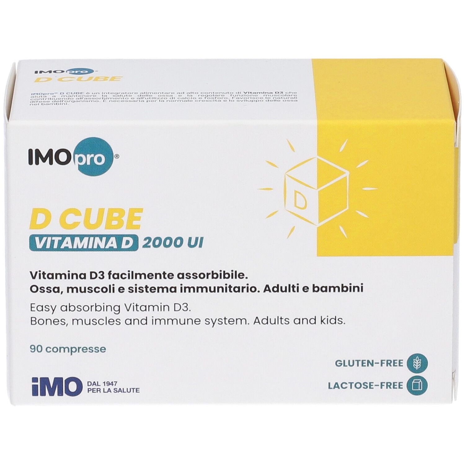 Fronte della scatola "IMO pro D CUBE". Contiene nome del prodotto, vitamina D e 90 compresse. Confezione giallo-bianca.
