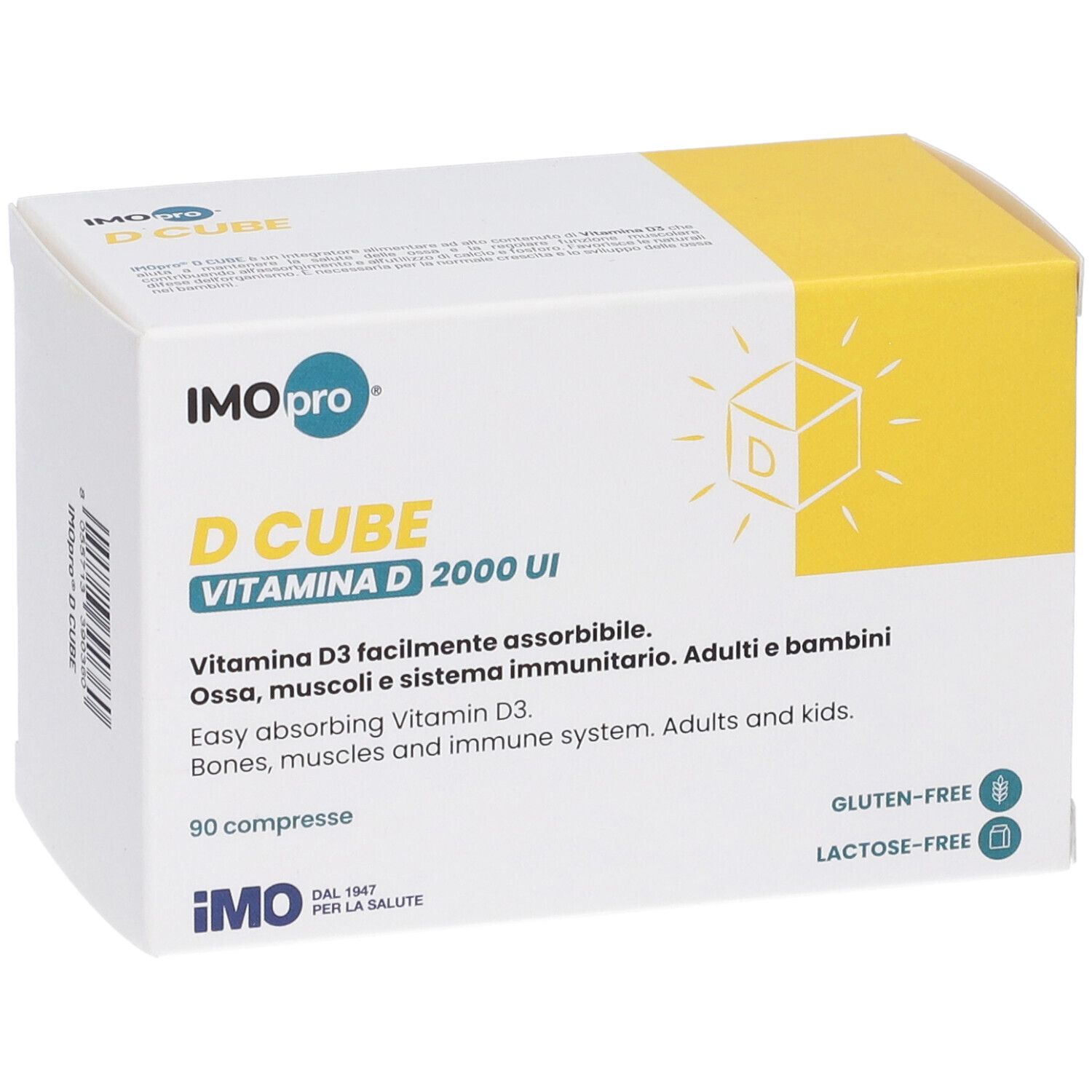 Scatola "IMO pro D CUBE". Nome del prodotto, vitamina D e 90 compresse. Confezione giallo-bianca. Senza glutine e lattosio.