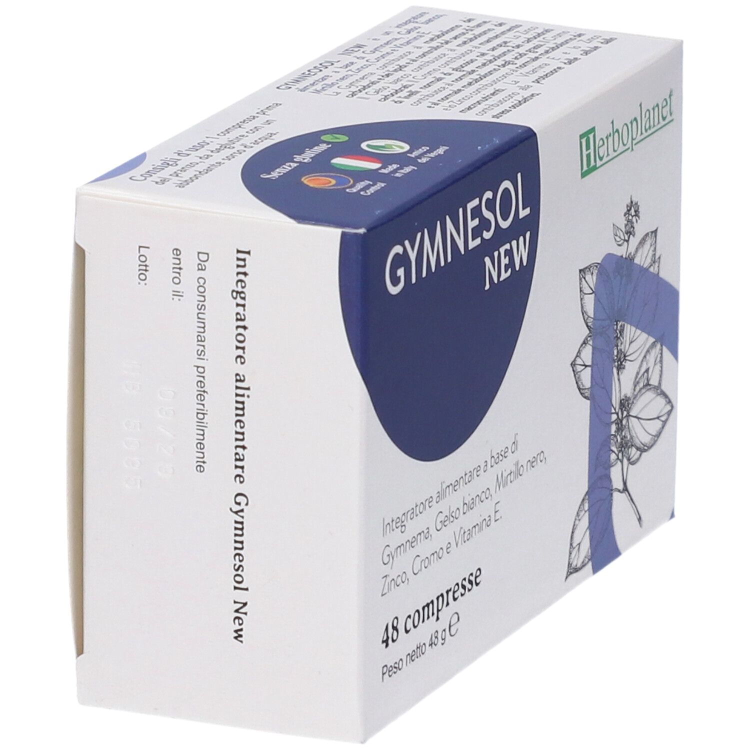 Scatola di GYMNESOL NEW 48CPR, angolata. Confezione blu e bianca con nome e logo del prodotto. 48 compresse.