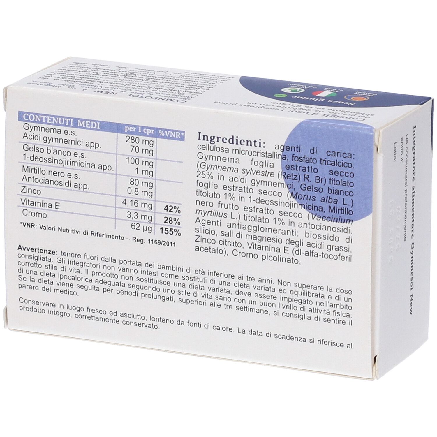 Retro della scatola GYMNESOL NEW 48CPR. Contiene ingredienti e informazioni nutrizionali. Testo in italiano.