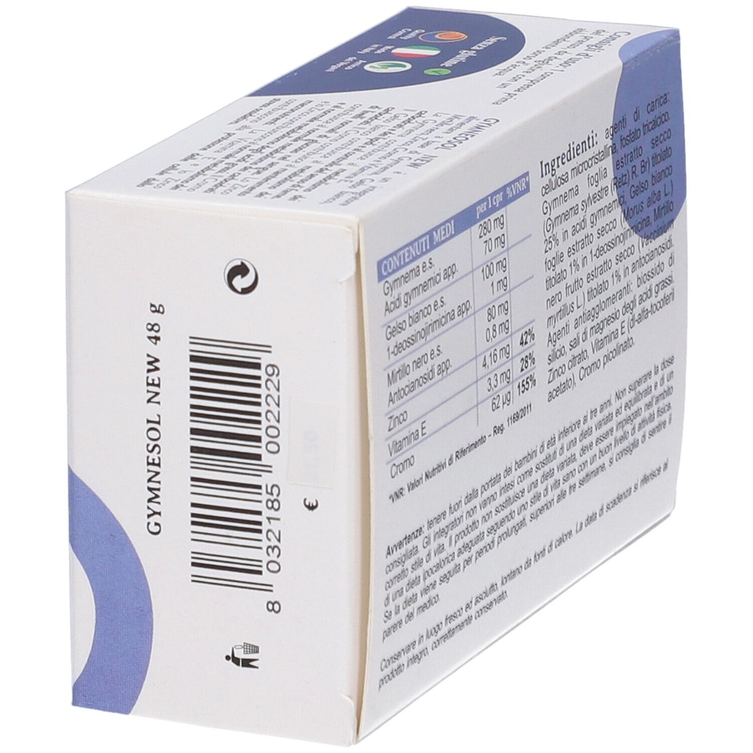 Lato della scatola GYMNESOL NEW 48CPR con codice a barre. Contiene informazioni sul prodotto e logo.