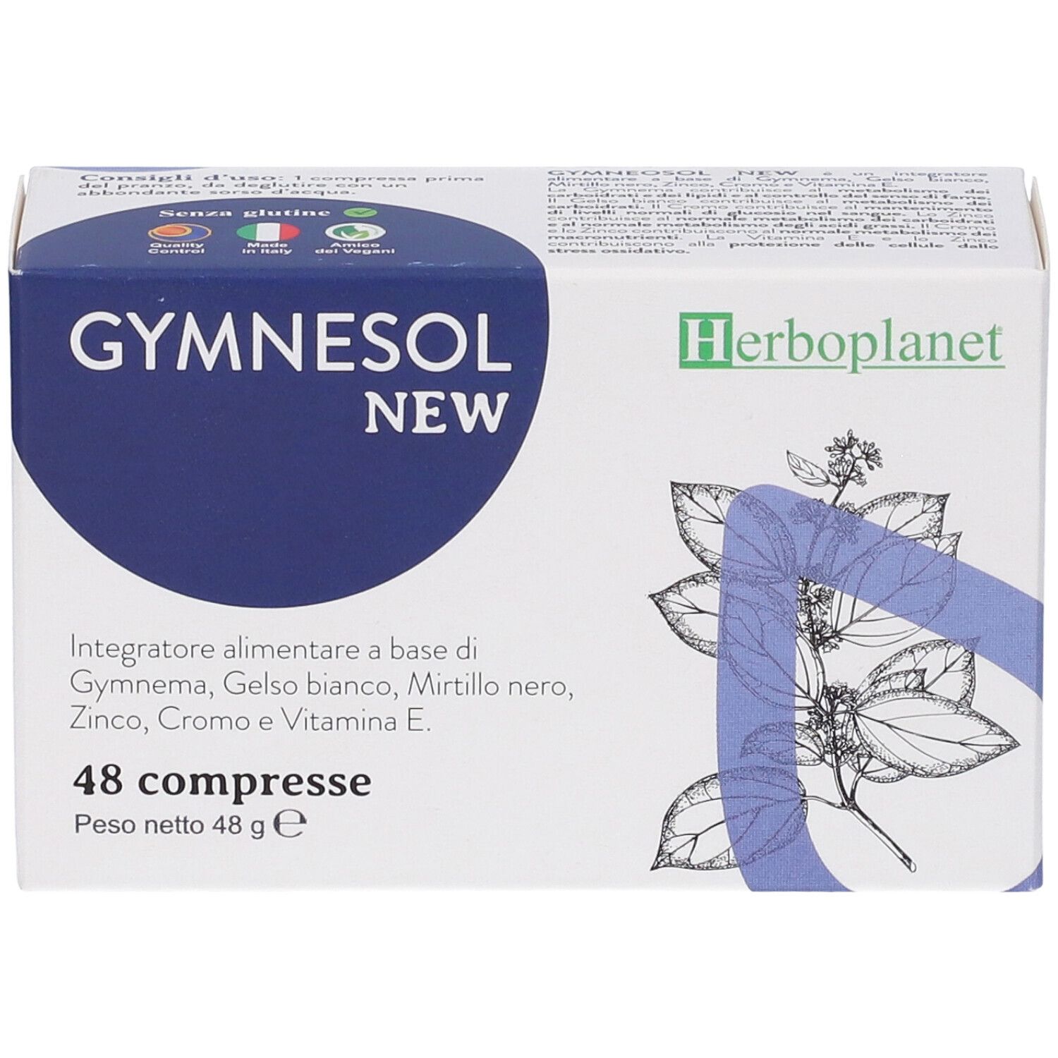 Scatola di GYMNESOL NEW 48CPR. Confezione blu e bianca con nome e logo del prodotto. 48 compresse.
