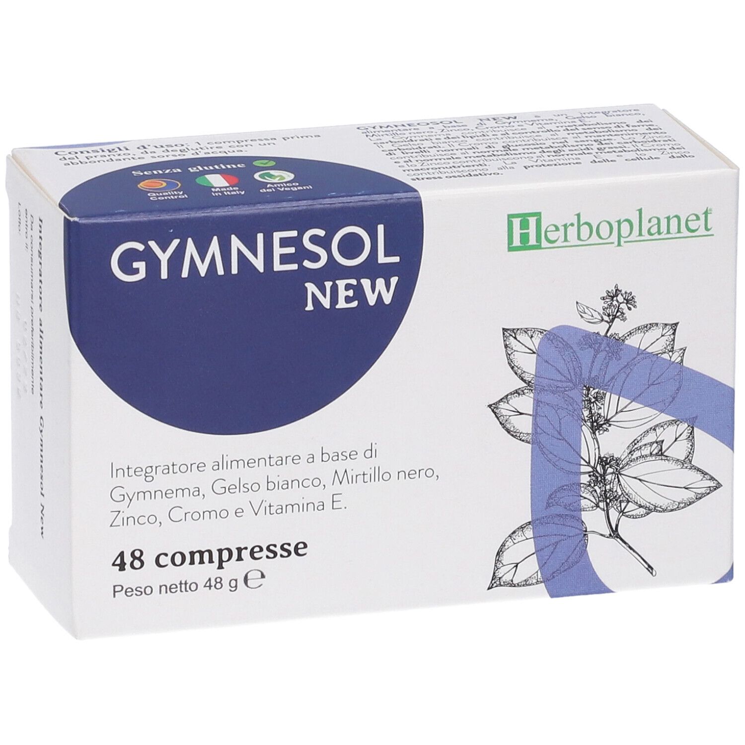Scatola di GYMNESOL NEW 48CPR. Confezione blu e bianca con nome e logo del prodotto. 48 compresse.