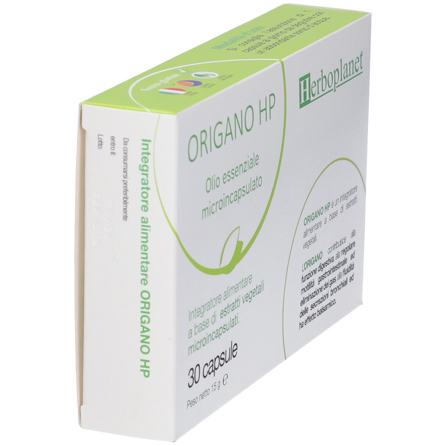 Scatola di capsule Origano HP. Marchio: Herboplanet. Scritto: 30 capsule.