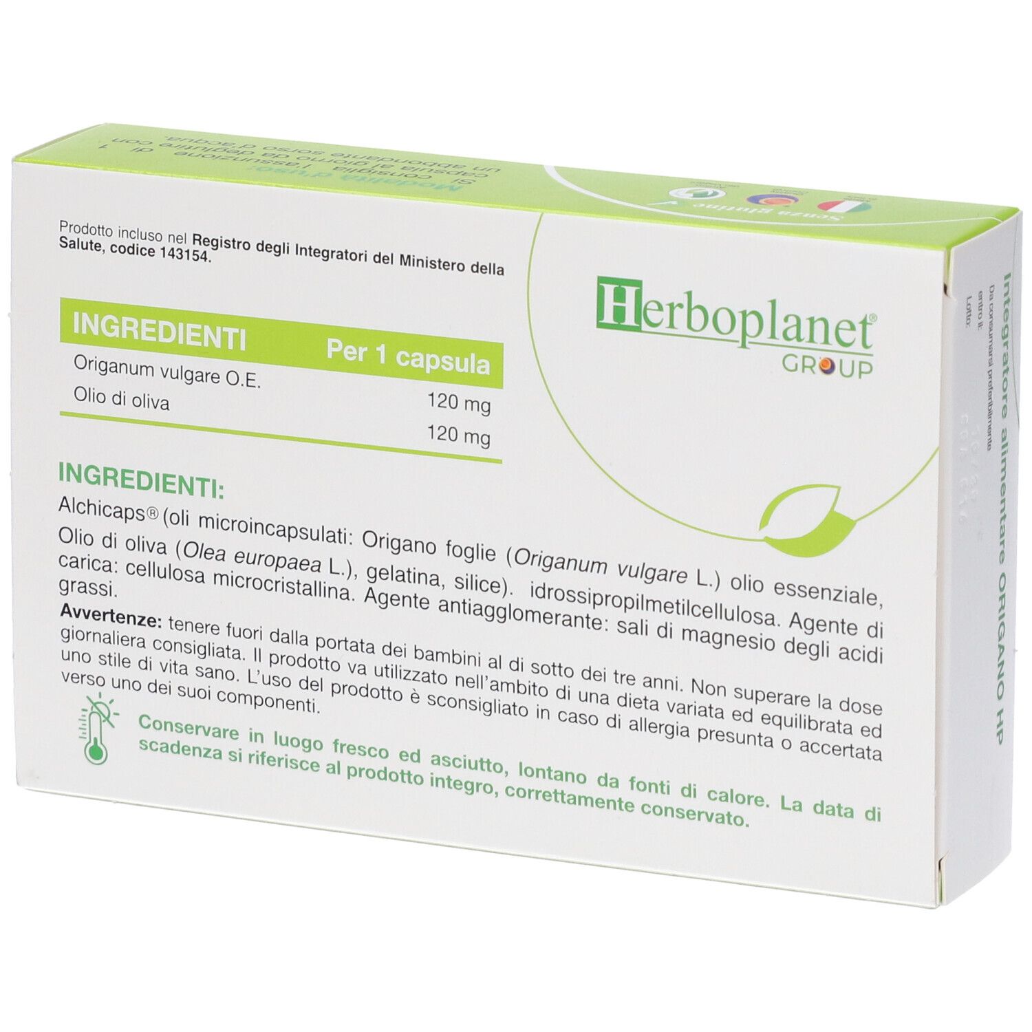 Retro della scatola di capsule Origano HP. Elenco ingredienti e informazioni produttore.