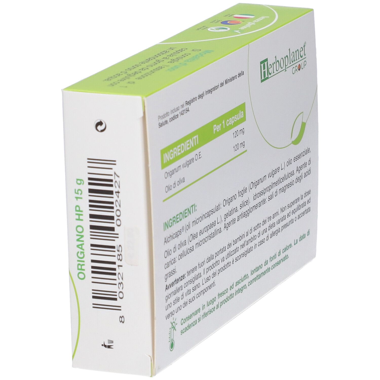 Scatola di capsule Origano HP. Elenco ingredienti e informazioni produttore.