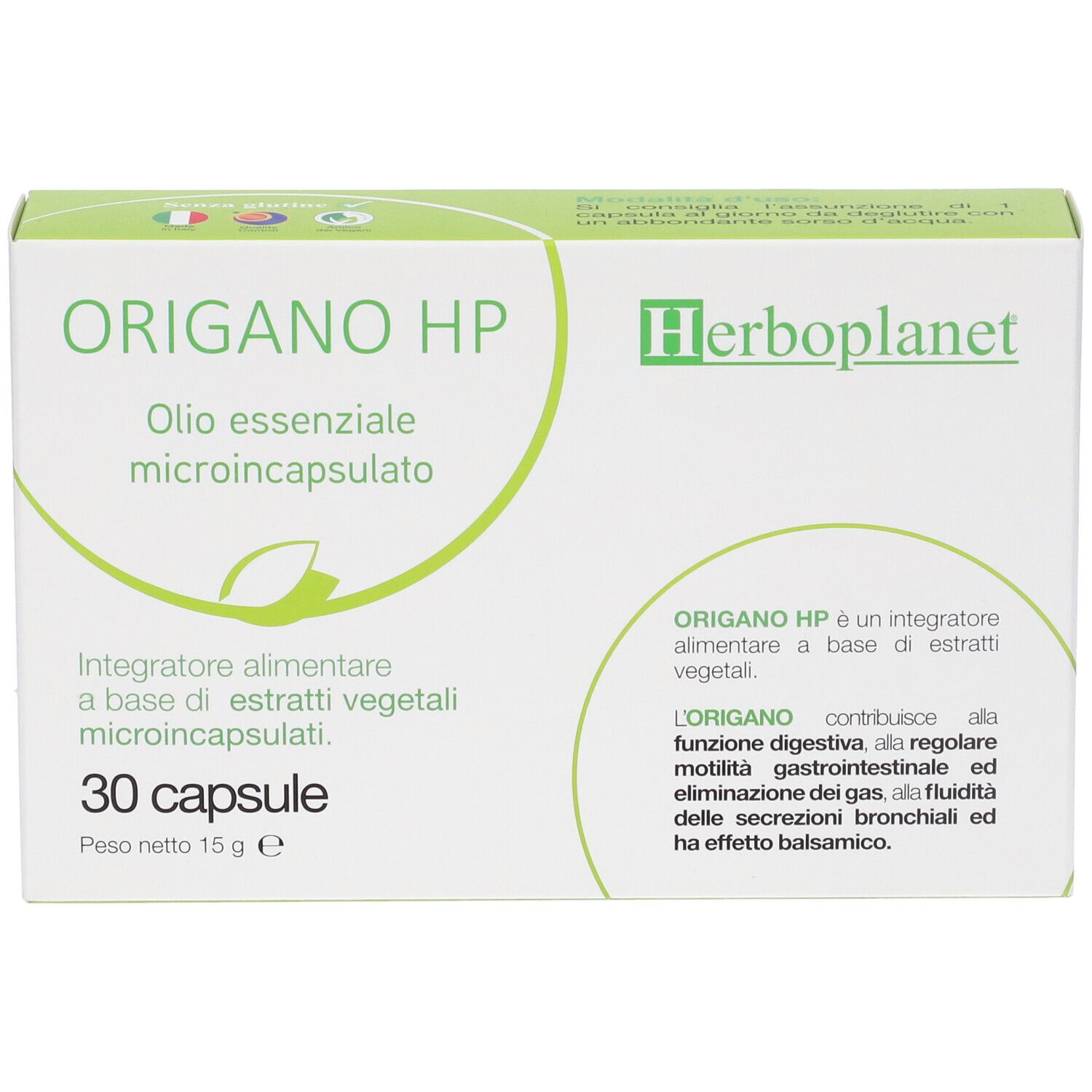 Scatola di capsule Origano HP. Scritto: 30 capsule, 15 g. Marchio: Herboplanet.