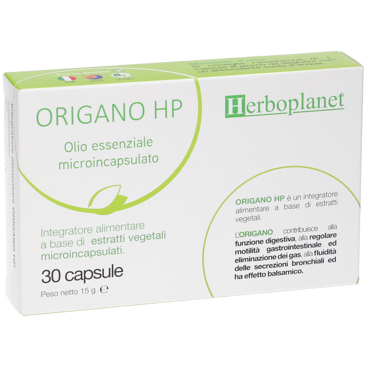 Scatola di capsule Origano HP. Scritto: 30 capsule, 15 g. Marchio: Herboplanet.