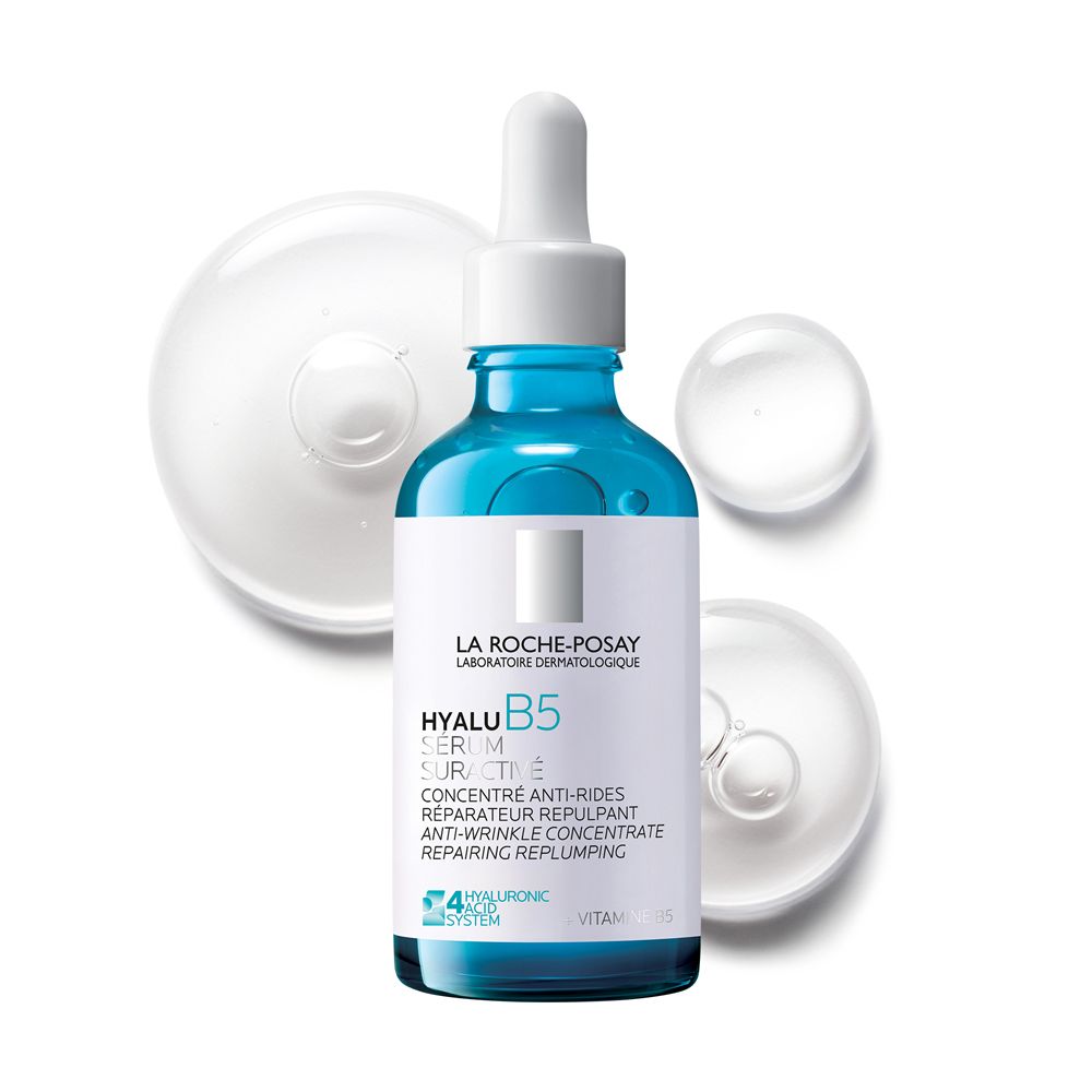 Flacone di siero con contagocce e gocce trasparenti. Scritta: La Roche-Posay, Hyalu B5 Serum.