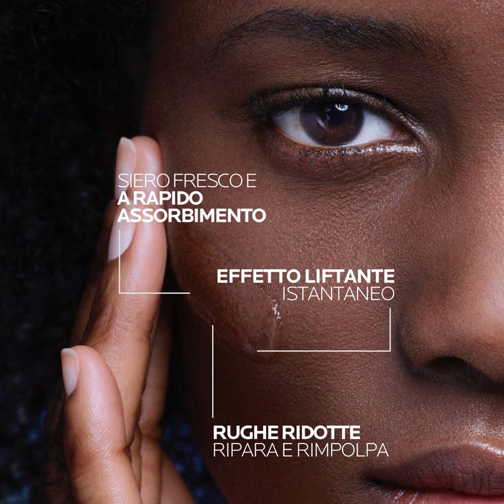 Primo piano di un viso. Testo: Siero fresco e a rapido assorbimento, Effetto liftante istantaneo.