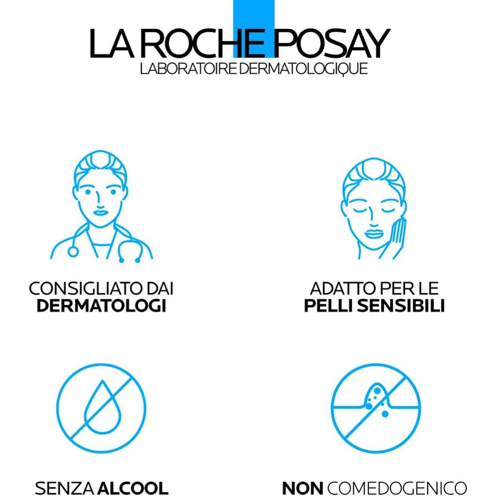 Simboli: Consigliato dai dermatologi, adatto alle pelli sensibili, senza alcool, non comedogenico.