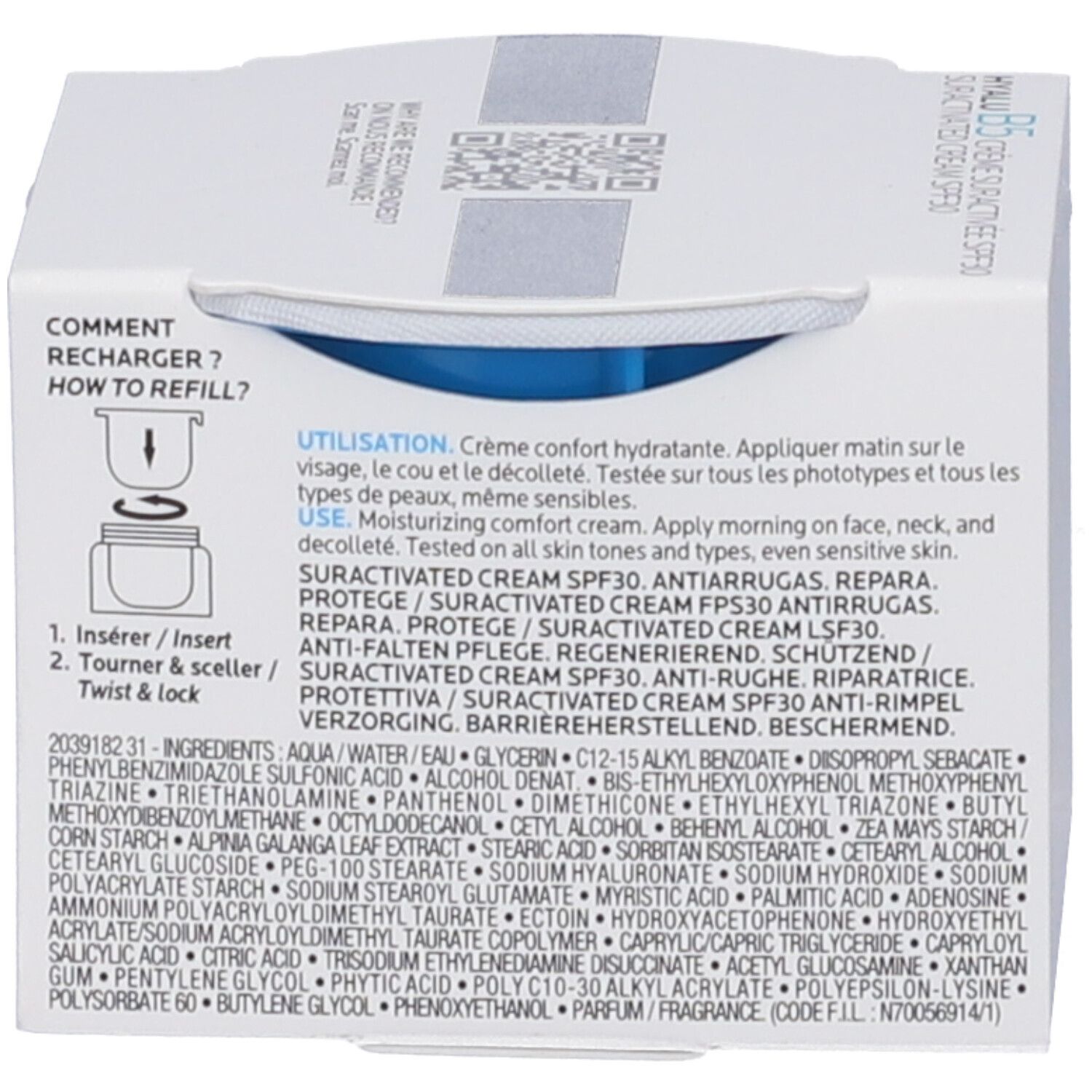 Retro della scatola pieghevole. Contiene testo e ingredienti. Testo: HYALU B5 CREMA SPF30. Con SPF30. Istruzioni per la ricarica.
